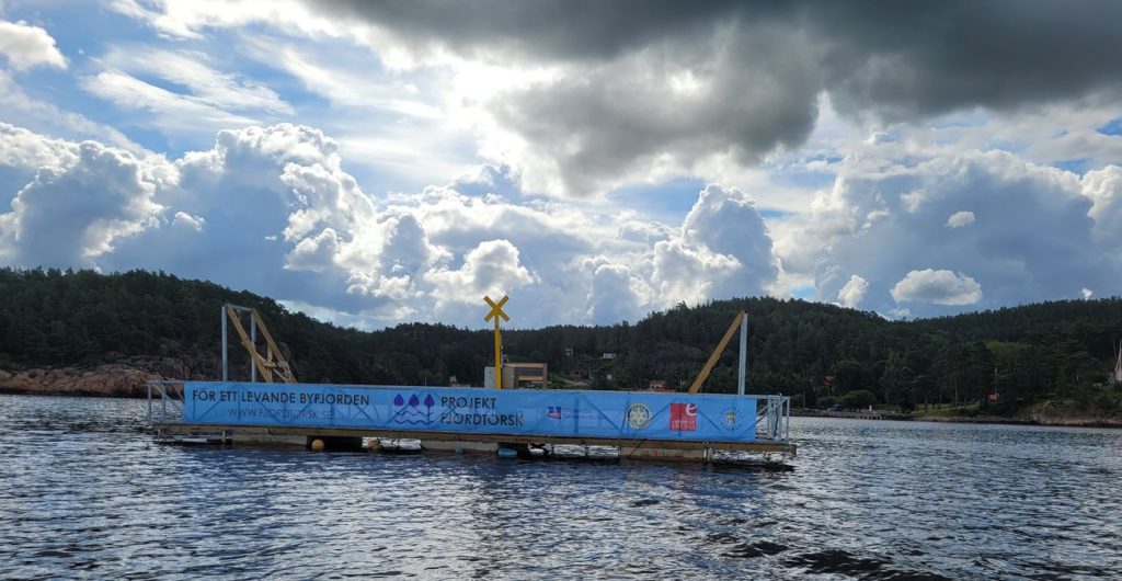 Bilden visar en plattform flytande i en fjord. Plattformen är gjord av trä och har en stor banderoll med texten "För ett levande Byfjorden" och logotyper för olika organisationer. Plattformen är utrustad med ett gult kors som signalerar fara och några bojar. I bakgrunden syns en skogsklädd kulle och en molnig himmel.